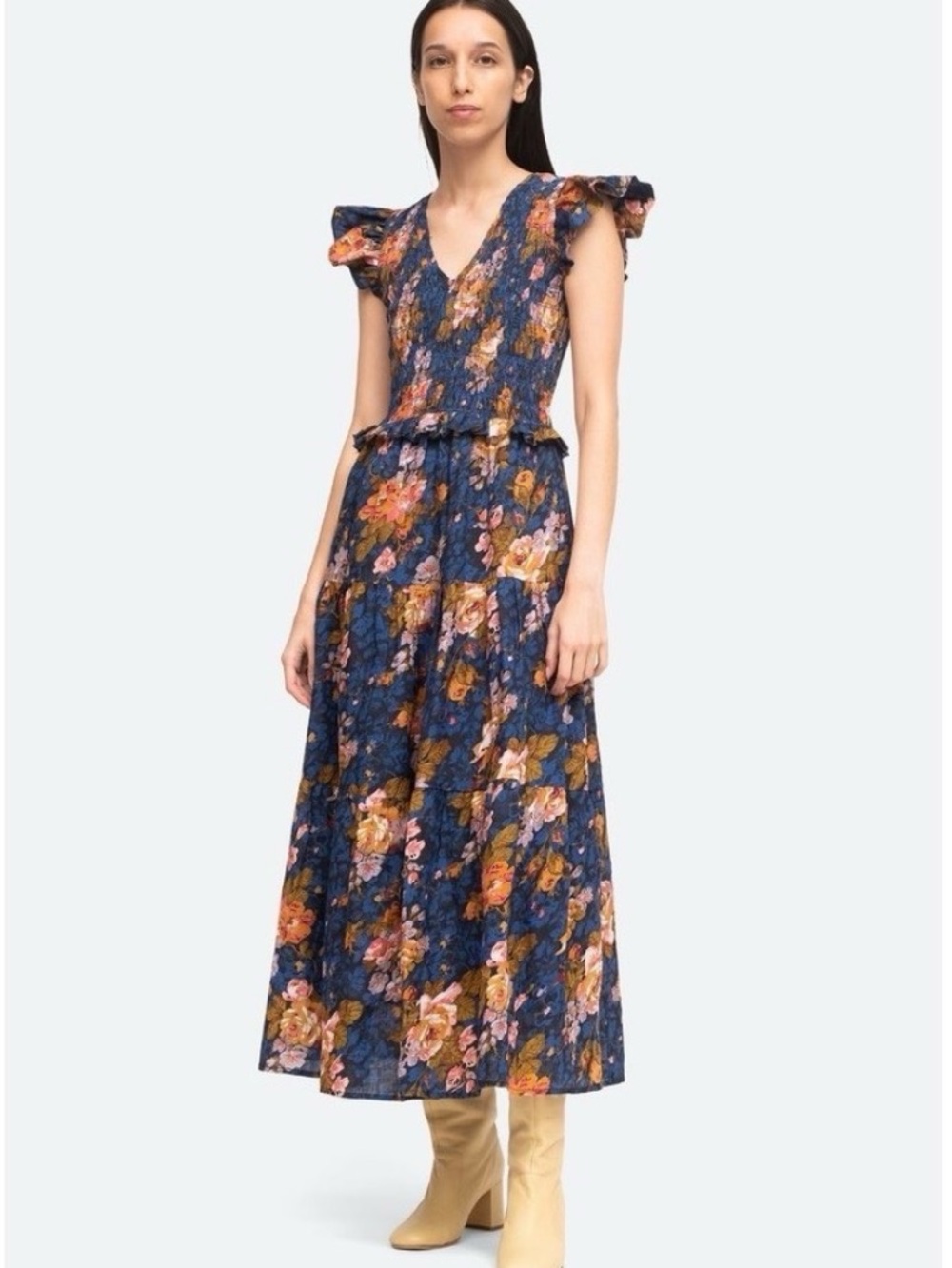 SEA New York Ines Sundress Navy Floral Smocked Maxi Dress Size 10
